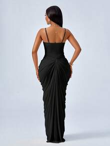 SOLERSUN 女式新款杏色网眼欧美时尚优雅宴会派对性感单肩褶皱腰身修身连衣裙优雅弹力针织春秋优雅女士连衣裙女士连衣裙优雅女士正式优雅女士连衣裙女士正式优雅服装 - 黑色 - 查看 2