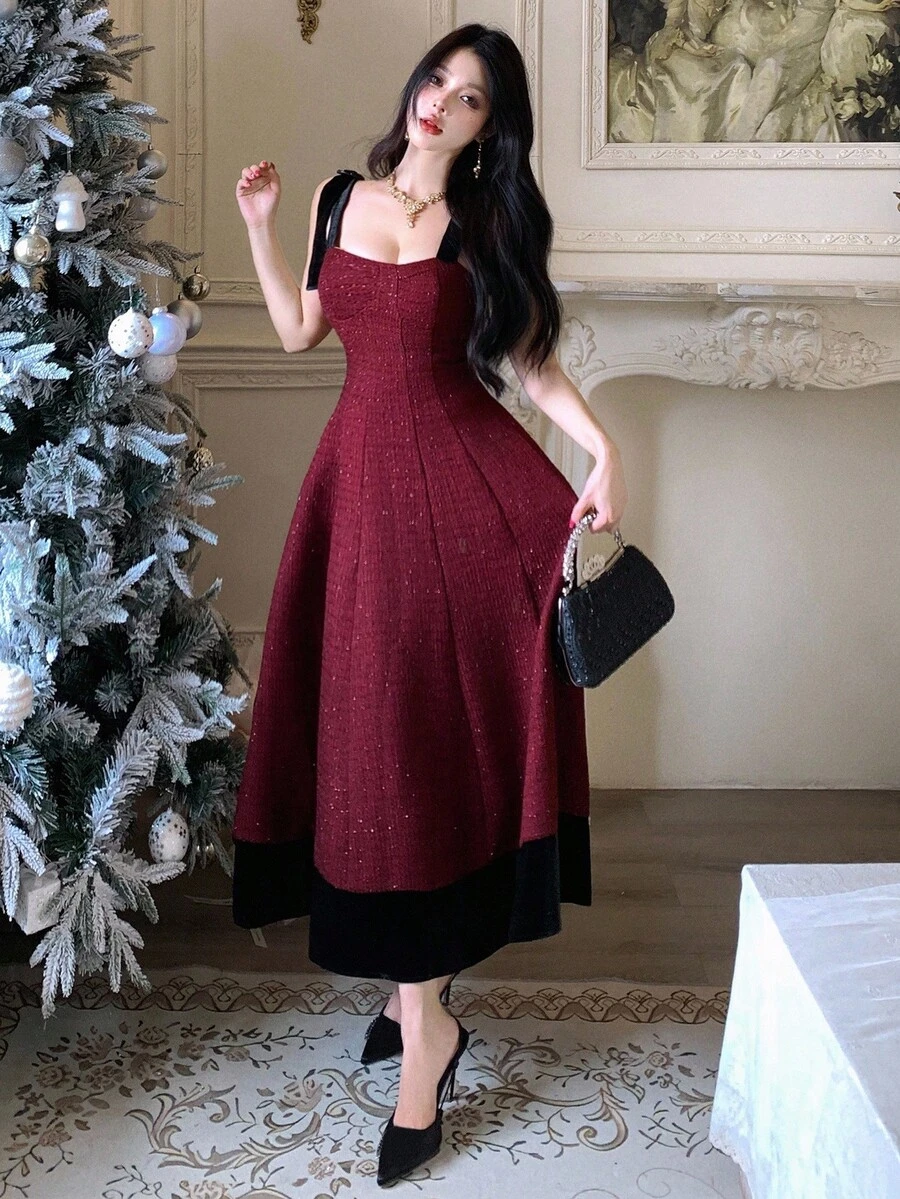 DAZY Women's Contrast Color Waist Tie Shoulder Elegant Dress Red Women Dresses Prom Dress Christmas Maxi Dress - Red - View 1