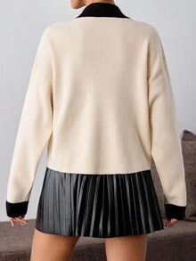 EURMUSE 奶油色针织开衫，搭配黑色撞色衣领和金色纽扣细节 - 别致的口袋饰面 - 杏色 - 查看 3