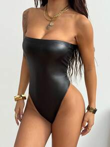 StreetHx Streetwear Women's Solid Color Faux PU Shiny Bandeau Bodysuit, Autumn - Black - View 5