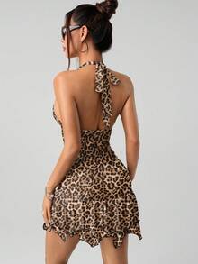 SHEIN ICON Casual Street Sexy Yellow-Brown Leopard Print Full Pattern Women's Mini Halter Backless Sexy Dress, Suitable For Vacation, Street Style, Vintage, Sexy, Cute, Y2K, Coconut Girl, Boho, Hippie, Music Festival, Autumn/Winter - Multicolor - View 2