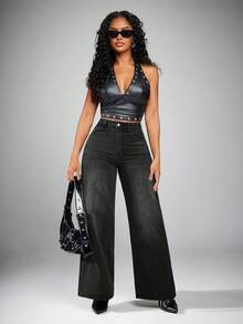 Radiana 女士宽松直筒蓝色牛仔裤、阔腿女裤、宽松女裤、女士牛仔裤 - 黑色 - 查看 5