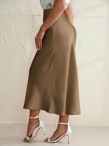 Aveloria Modichic Chân váy satin xếp ly, nhún bèo thanh lịch dành cho nữ, dài có khóa kéo, dáng suông, màu be tự nhiên, trơn, mùa xuân/hè, trang phục chuyên nghiệp/kinh doanh/đồng phục công sở - Cà phê nâu - Xem 2