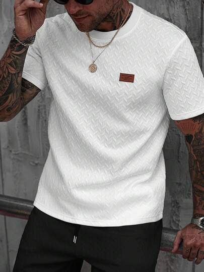 Manfinity CasualCool Men's White Summer Casual City Break Jacquard Ribbed Collar Short Sleeve T-Shirt,Fashionable Pattern Tshirt,Versatile Daily Casual Wear Men Clothes