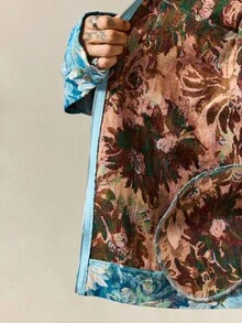 Casual 男士花卉提花长袖拉链休闲翻领夹克，秋季 - 藍色 - 查看 8