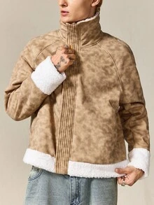 ROMWE MEN Street Life Men's Casual Patchwork Fuzzy Trim Zip-Up Raglan Sleeve Jacket, Autumn/Winter - Brown - View 5