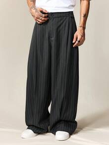 ROMWE MEN Pantalones anchos y sueltos con estampado de rayas casuales para hombres, adecuados para uso diario, el trabajo y el transporte, otoño - humo gris - Ver 7