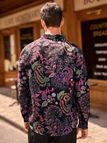 HIMLAND Men Casual Paisley Pattern Digital Print Button-Down Long Sleeve Shirt, Boho 70s Retro Style Shirt, Ideal For The Artistic Soul, Fall