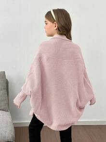 SHEIN Cardigan ample à manches chauve-souris décontracté pour préadolescentes, convient pour la maison, les sorties et l'école, automne/hiver - Rose pâle - Voir 2