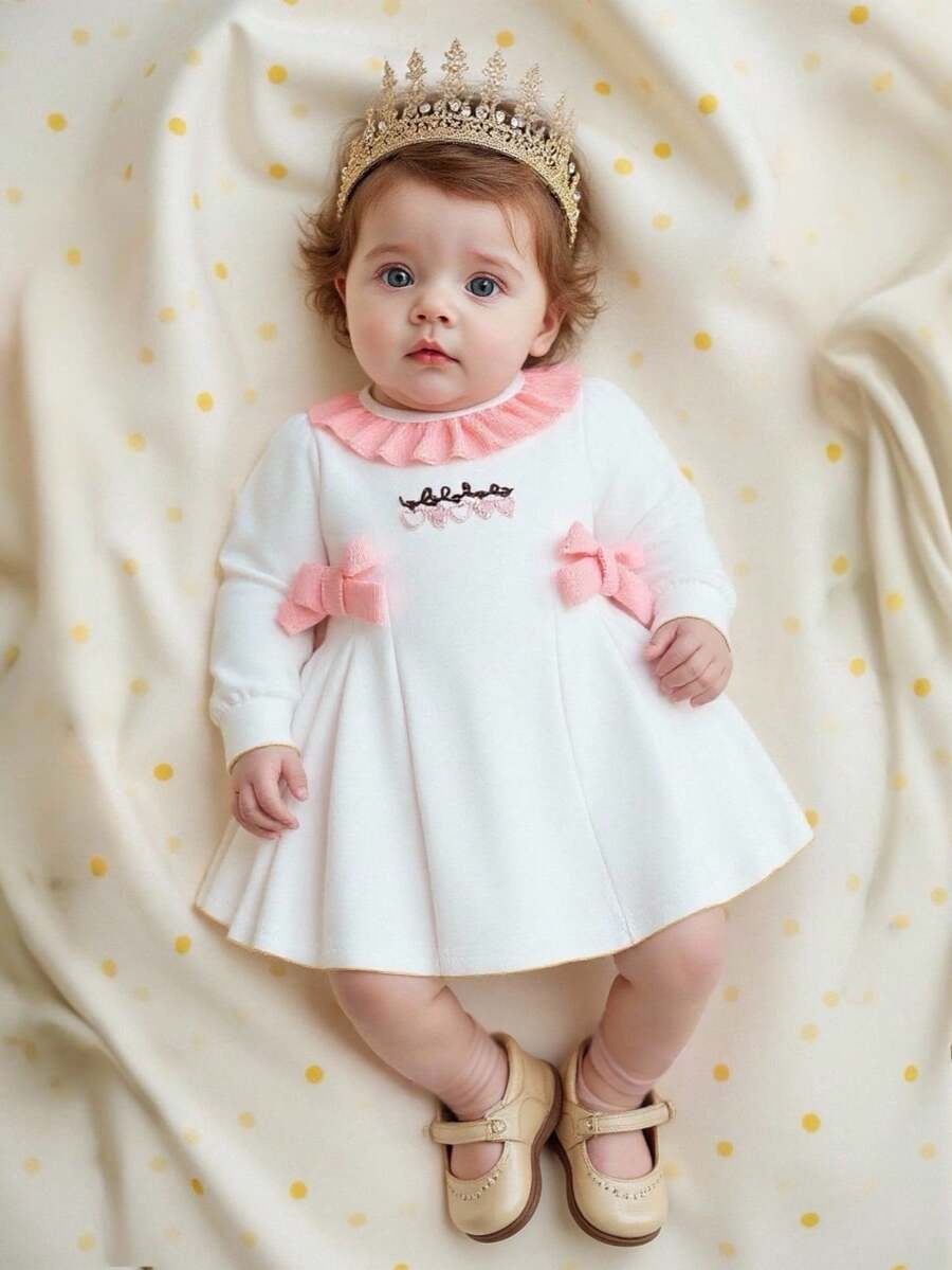SHEIN 秋季新品新生女婴优雅甜美可爱简约休闲风格蝴蝶结公主裙长袖连体衣 - 粉色 - 查看 1