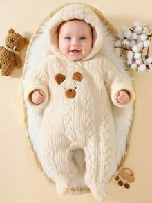新生婴儿可爱熊图案连帽连体衣 - 卡其色 - 查看 1