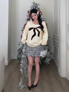 DAZY Autumn White Cute Graphic Date Bow Jacquard Color Block Off Shoulder Pullover Knit Sweater,Loose Casual Fashionable Collegiate Style For Christmas - Beige - View 3