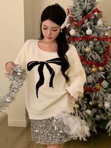 DAZY Autumn White Cute Graphic Date Bow Jacquard Color Block Off Shoulder Pullover Knit Sweater,Loose Casual Fashionable Collegiate Style For Christmas - Beige - View 6