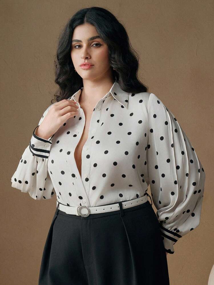 Polka Punkt Kontrast Kragen Langarm Bluse in Große Größen, Lässig Resort Stil, geeignet für Herbst, Winter, Neujahr, elegant, schick, stilvoll, Weihnachten, Ausgehen