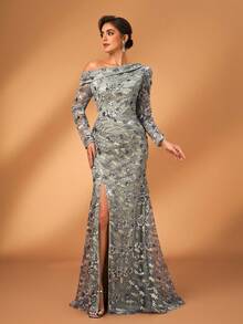 Serin 优雅奢华刺绣珍珠亮片蕾丝透视长袖褶饰高开衩鱼尾裙，适合婚礼、派对、度假、庆典、晚会、新娘妈妈礼服 - 淺灰色 - 查看 2