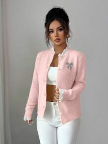Elenzga Women's Elegant Lace Patchwork Cardigan, Autumn/Winter, Button Bow Rhinestone Cute Party Colorblock Christmas New Year Knit Pullover Sweater - Pink - View 6