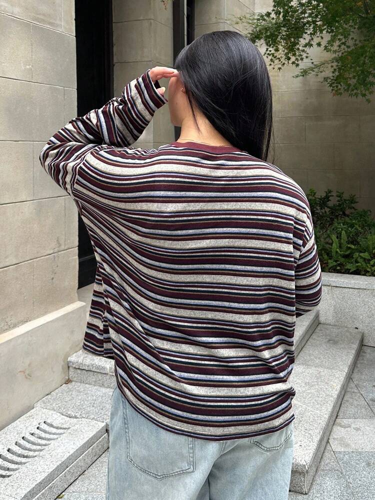 Striped Color Block Loose Fit Crew Neck Long Sleeve Plus Size Women Casual T-Shirt