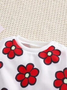 Newborn Baby Girl 2pcs Set, Autumn/Winter Outdoor Casual Pink Knitted Cartoon Floral Fleece Hoodie & Joggers Set, Suitable For Outdoor, Party & Events