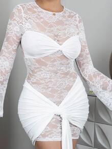 SHEIN BAE Autumn/Winter Sexy Wine Red Lace Sheer Long Sleeve Ribbon Dress, Christmas Holiday Cocktail Dress For Night Out, Club Wear, Wedding Bridesmaid Dress,Bohemia - White - View 4