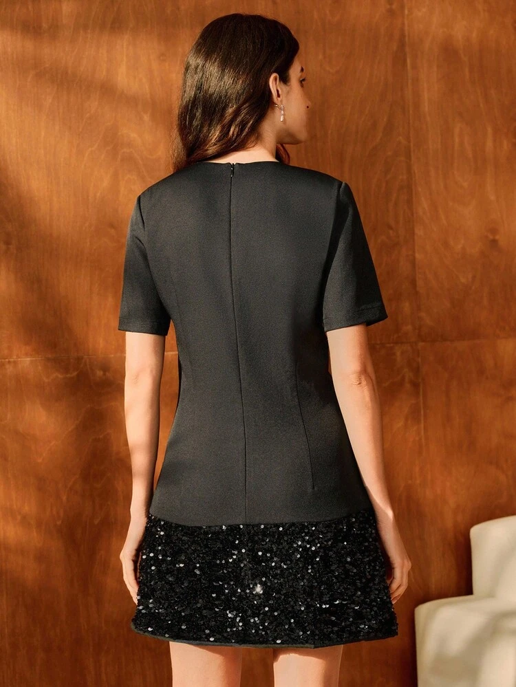 Women's Elegant Sleeveless Sequin Patchwork A-Line Mini Dress, Suitable For Fall, Summer, Christmas, New Year, Party, Elegant, Luxury, Formal, Chic