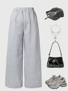 SHEIN Sparklyn Teen Girl Casual Wide Leg Knit Fabric Pants, Loose Fit Comfortable, Suitable For Autumn/Winter Daily Commute, Outing, Party, Photo Shoot, Shopping