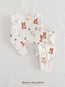 Cozy Pixies Set pigiama aderente per bambino, top a maniche lunghe con collo rotondo in maglia morbida a motivo di orsetti, pantaloni lunghi con vita elastica