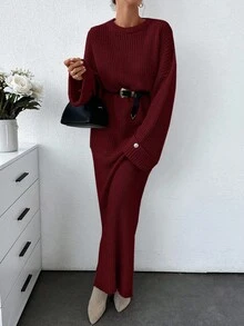 EURMUSE 女士纯色厚实毛衣和毛衣裙套装 - 酒紅色 - 查看 7