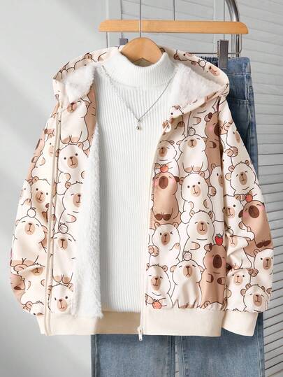 Sparklyn 少女卡通印花保暖连帽夹克，秋冬