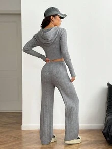 StreetHx Set de 2 piezas: Sudadera con capucha de ajuste ceñido con cremallera y bordado de caballo, y pantalones anchos de pierna acanalada, en estilo casual de uso diario, nuevo para otoño/invierno, en color gris. - Gris - Ver 2