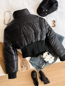 Teen Girls' Letter Print Cropped Padded Coat, Stand Collar Zip Up Casual Outerwear, Suitable For Daily Commute And Gatherings, Winter - Black - View 2