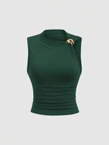 Sweetra 女式纯色金属装饰褶饰时尚修身吊带背心 - 彩色 - 查看 7