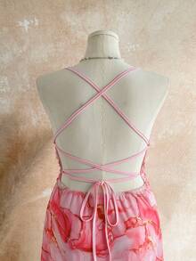 Soleia Plus Size Women Vacation Spaghetti Strap Mini Dress, Draped Neck, Backless, Bowknot , Fishtail, Sexy Style, Mini Dress, Tea Break, Shopping, Romantic, Date, Beach Outfit, Mesh, Young, Girlish - Pink - View 8