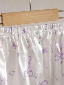 2pcs/Set Girls Cute Bow & Star Print Long Sleeve Cardigan And Pants, Comfortable Casual Loungewear Purple Pajamas Set - White - View 5