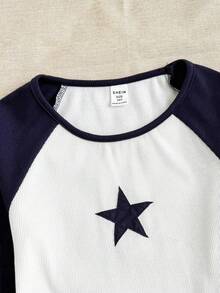 SHEIN Tween 女童白色和海军蓝罗纹针织圆领长袖上衣，带星星贴花，休闲复古风格上衣，适合春秋季节 - 白色 - 查看 3