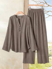 Rusticease 休闲纯色缺口领卷袖上衣和松紧腰裤套装
