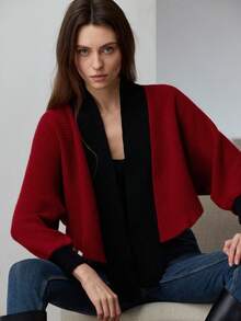 GENKIRA Elegant Contrast Color Casual Vintage Batwing Sleeve Cardigan - Red - View 1
