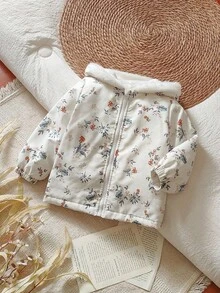 SHEIN Vintaside Kids 年轻女孩冬季长袖连帽可爱时尚数码印花夹克，为户外旅行提供充足的温暖保护，时尚实用，让宝宝在冬季冒险中保持温暖和时尚 - 彩色 - 查看 5