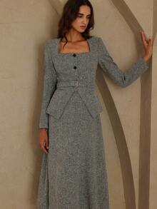 Aveloria Rosie 欧美优雅通勤垫肩方领前开衩下摆修身女士夹克和A字长裙两件套 - 灰色 - 查看 6