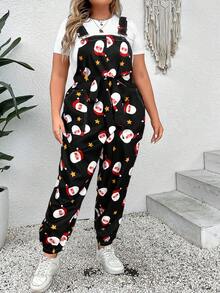EMERY ROSE Plus Size Women Santa Claus Print Pocket Casual Jumpsuit - Multicolor - View 5