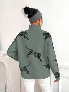 SHEIN LUNE 女式休闲动物图案立领毛衣，秋冬 - 墨綠色 - 查看 2