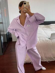 DAZY Simple Stripe Woven Label Decorated Long Sleeve Casual Top And Pants Pajama Set, Fall Winter Clothes - Purple - View 6