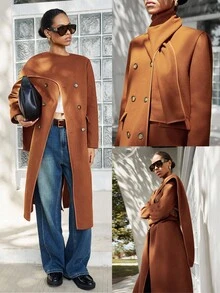 SHEIN Luminelle 女士秋冬时尚双排扣开衩羊毛大衣 - 棕色 - 查看 1