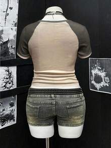 Sunspun Plus Size Women's Sexy Summer Street Digital Letter Print Colorblock High Stretch Short Sleeve T-Shirt