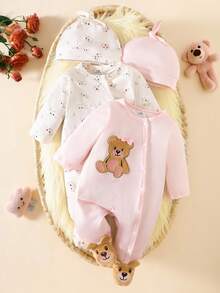SHEIN مجموعة بدلة وقبعة للأطفال حديثي الولادة من الفتيات، 2 قطعة، بأكمام طويلة، بطبعة دب كرتوني مطرزة وزخرفة فيونكة، بدلة بطبعة زهور متناثرة، مناسبة للربيع والصيف والخريف والشتاء، للحياة اليومية والمناسبات العادية - متعدد الألوان - مشاهدة 2