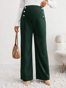 SHEIN Maternity Solid Color Adjustable Waist Button Design Wide Leg Casual Pants - Dark Green - View 5