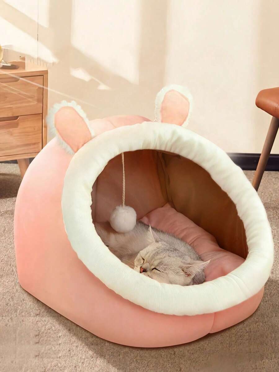 卡通耳朵装饰毛绒宠物床，适合狗和猫睡觉，小狗饲养狗床猫床易于清洁