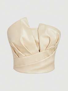 SHEIN Privé 女士优雅 PU 不对称紧身肩衬衫，适合日常生活、通勤、约会、万圣节、圣诞节 - 杏色 - 查看 1