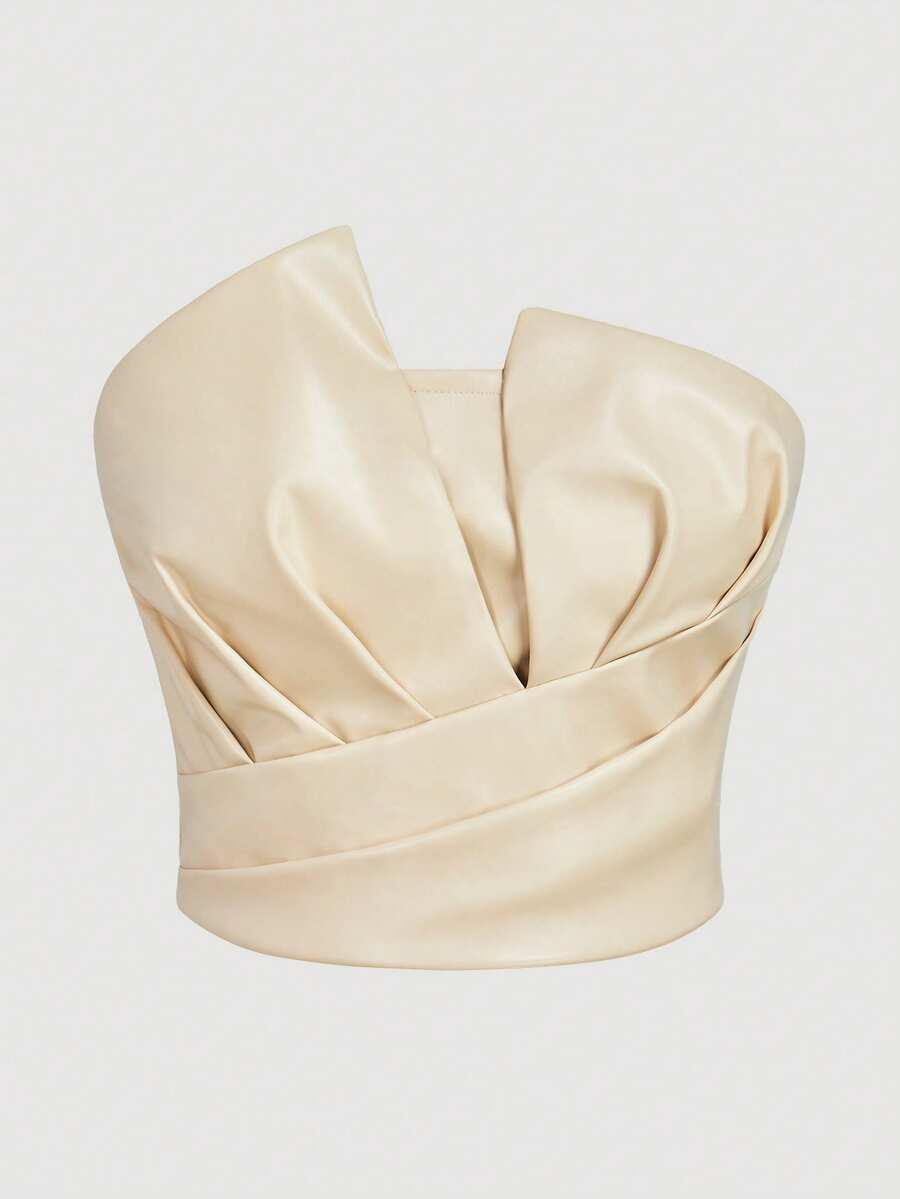 SHEIN Privé 女士优雅 PU 不对称紧身肩衬衫，适合日常生活、通勤、约会、万圣节、圣诞节 - 杏色 - 查看 1