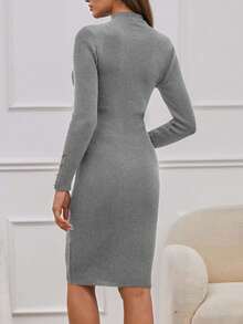 EURMUSE Mock Neck Button Front Sweater Dress Without Belt - Grey - View 2