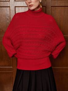SHEIN LUNE Jersey elegante para mujer, hecho de lana suave, con cuello alto y silueta de murciélago, adecuado para fiestas de Navidad, ir al trabajo, otoño/invierno - Rojo - Ver 4